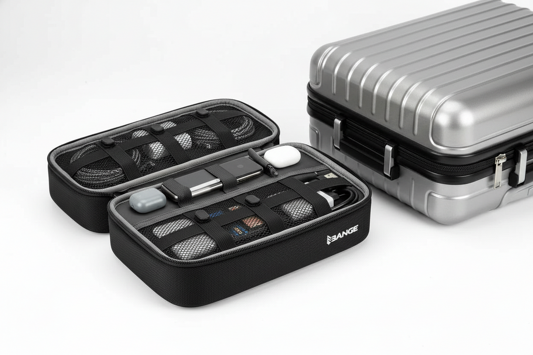 BANGE Organisateur de voyage pour appareils électroniques, étui de rangement portable pour câbles, sac de transport extra large à 3 compartiments pour téléphone.
