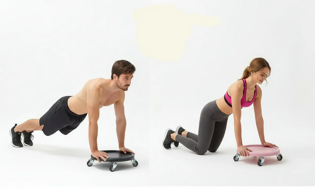 Colorful circular rolling stands with wheels on a white background, featuring a man using one of them.