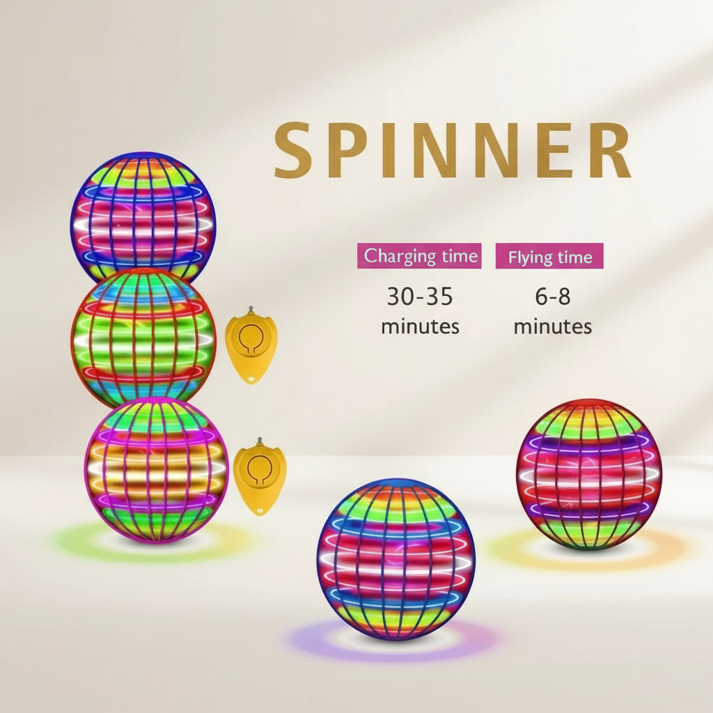 Colorful spinner toy with charging and flying time details, shown with a child and adult.