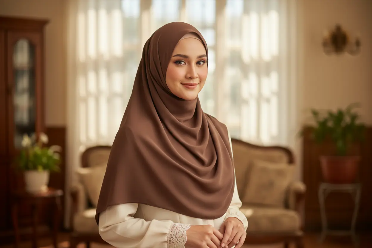 une belle femme qui utilise cde Soft Modal Hijab Scarf des colore Coffee