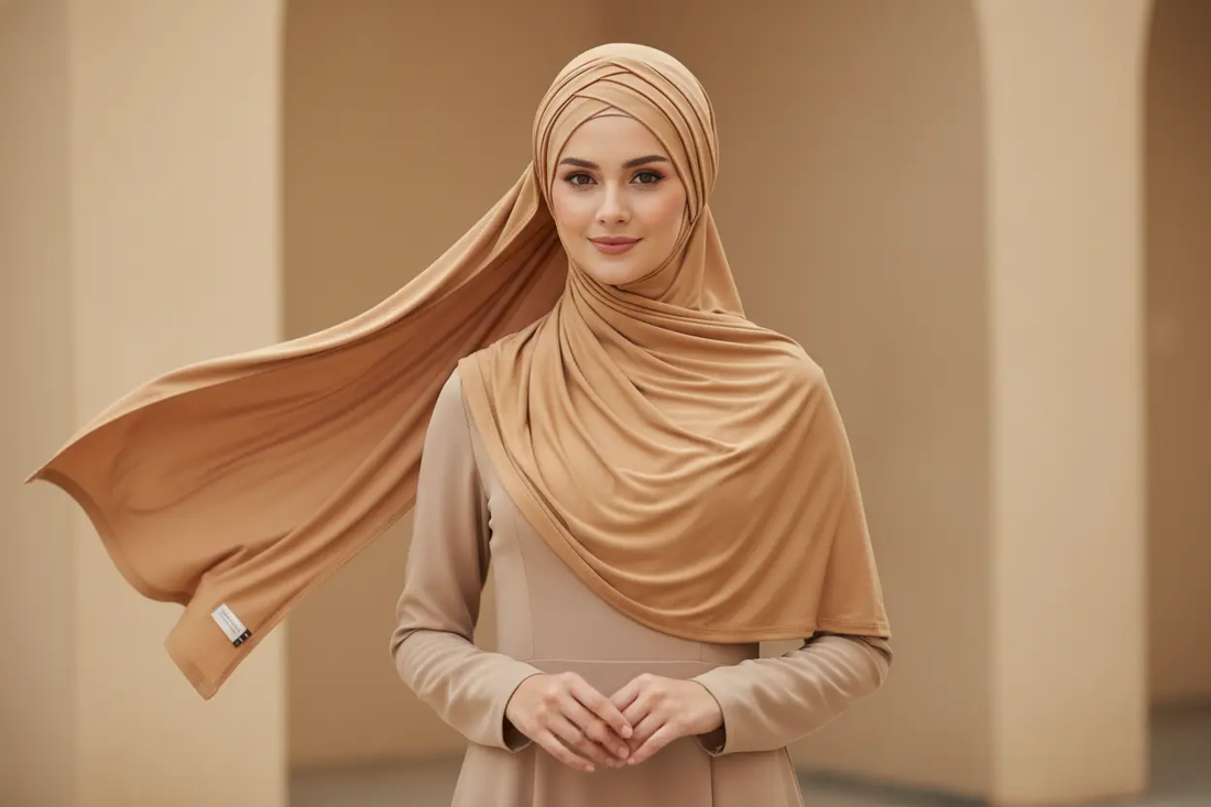 une belle femme qui utilise ce Modal Cotton Jersey Hijab Scarf Long Muslim Shawl Plain Soft Turban Tie Head Wraps For Women Africa Headband 170x60cm des colore Camel