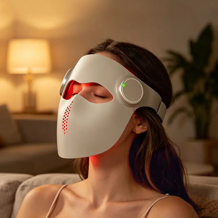 Woman wearing a white LED face mask in a cozy living room.
