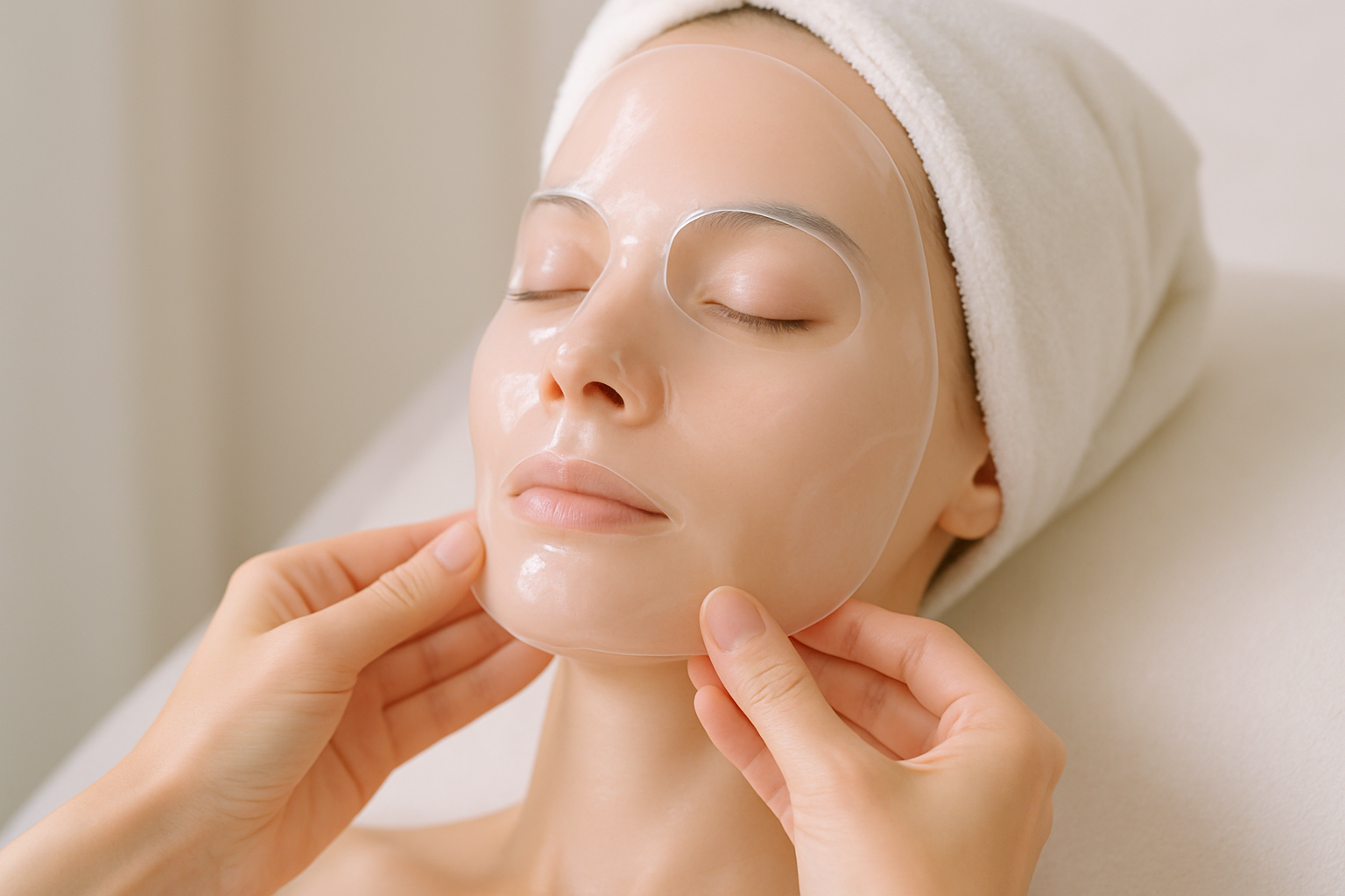 délicatement le masque hydrogel en commençant par la partie inférieure du visage