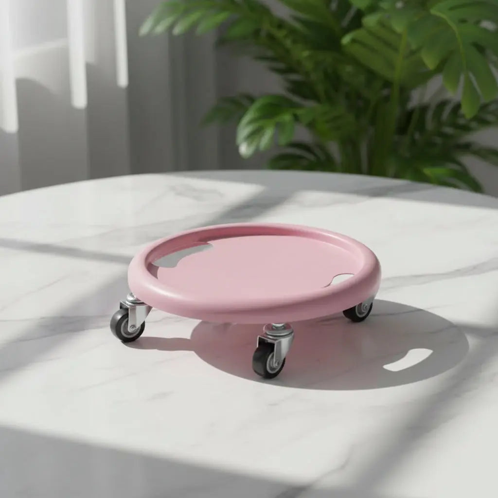 Pink round stool with wheels and measurements on a white background