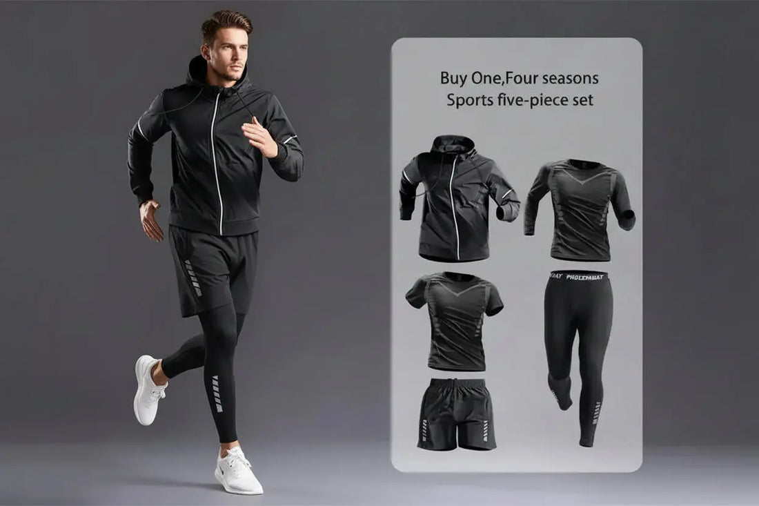 Person wearing a black sports outfit with a gray background and product display of the set.