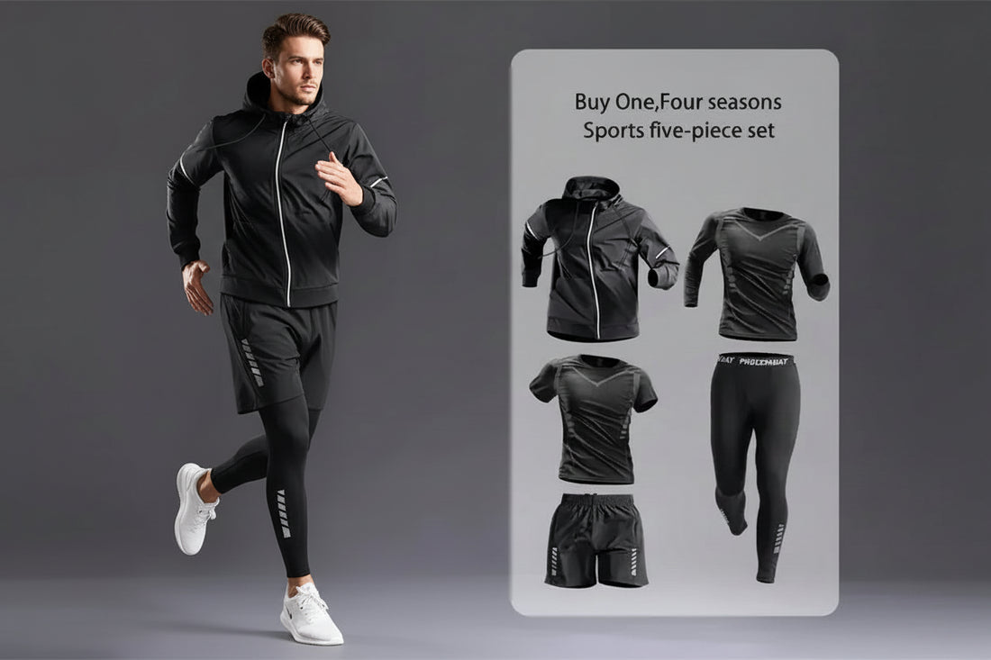 Person wearing a black sports outfit with a gray background and product display of the set.