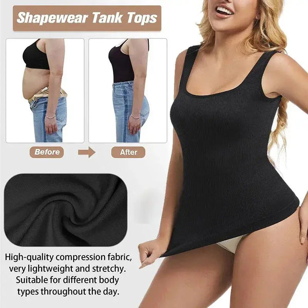 Black shapewear tank top with before and after effects on a person, fabric close-up, and product description text.