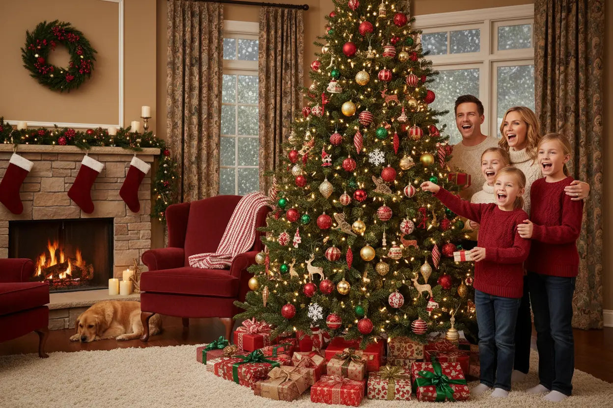 je veux 4 belle image de ce produit Lush Green Christmas Tree dans la maison avec la famille et douvent la porte de la maison 