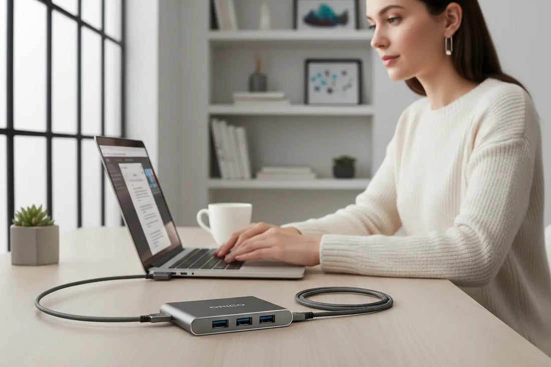 je veux une belle image de ce ORICO Speedy USB Hub for Laptops de tipe 10Gbps USB-A-C 50cm avec une femme 