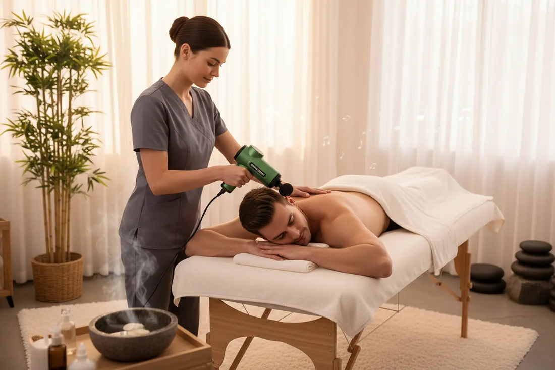 je veux une image des une femme fait massage de courp a ce homme avec cePocket Power Massage Gun de colore vert 