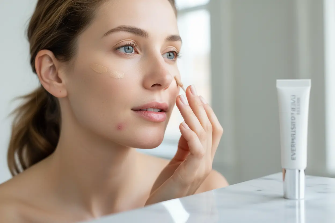 une belle femme blanche qui utilise maquillage de ce tipe Correcteur léger, couvrance naturelle des imperfections, des boutons d&