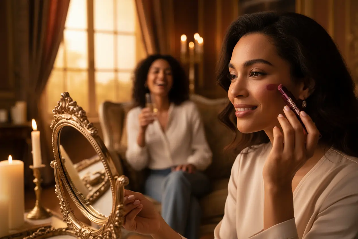 une belle femme qui utilise ce Berry Blush Stick Magic pour la soir avec ce  c'ami 