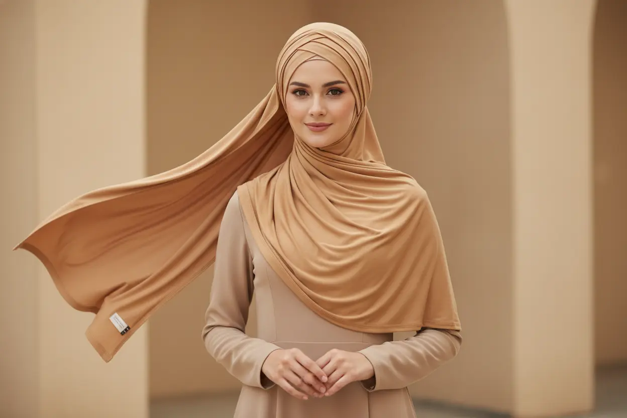 une belle femme qui utilise ce Modal Cotton Jersey Hijab Scarf Long Muslim Shawl Plain Soft Turban Tie Head Wraps For Women Africa Headband 170x60cm des colore Camel