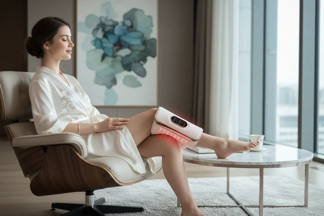 une belle femme qui utilise ce produit Soothing Heated Knee Massager pour ca jambe