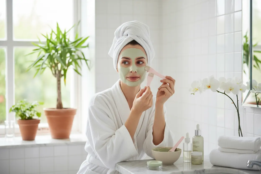 une belle femme qui utilise ce produits Silicone Face Mask Applicators