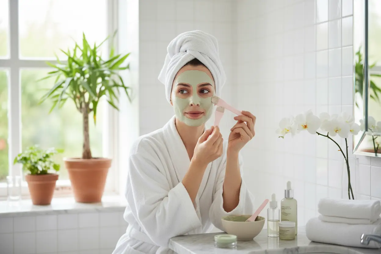 une belle femme qui utilise ce produits Silicone Face Mask Applicators