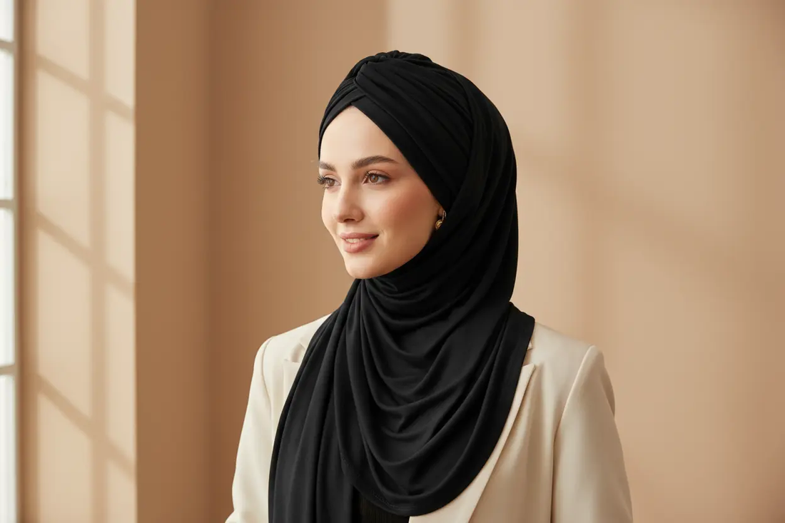 une belle femme qui utilise Modal Cotton Jersey Hijab Scarf Long Muslim Shawl Plain Soft Turban Tie Head Wraps For Women Africa Headband 170x60cm des colore Black